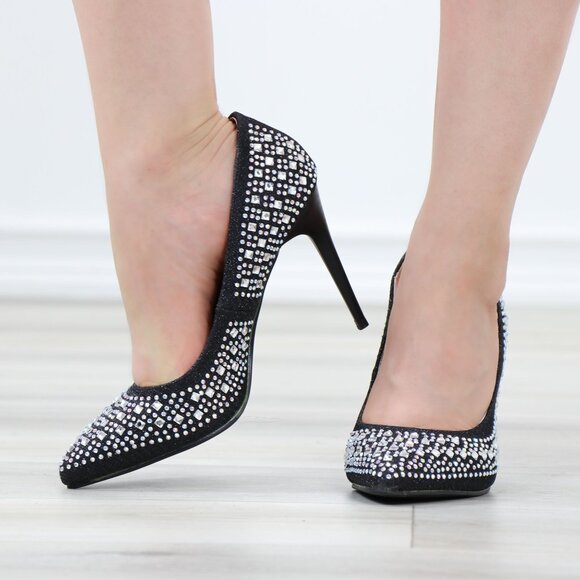 Sparkly Diamond Rhinestone Glitter  Black Pointy Toe Needle High Heel Stiletto - Picture 10 of 15